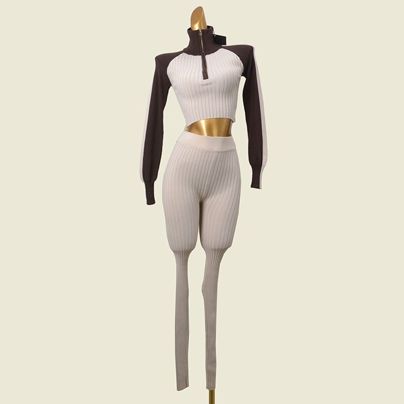 American vintage Lapel High Elastic Sunken Stripe Short Knitted Top + Slim fit Thread Trousers Fashion Cards Two-piece Set