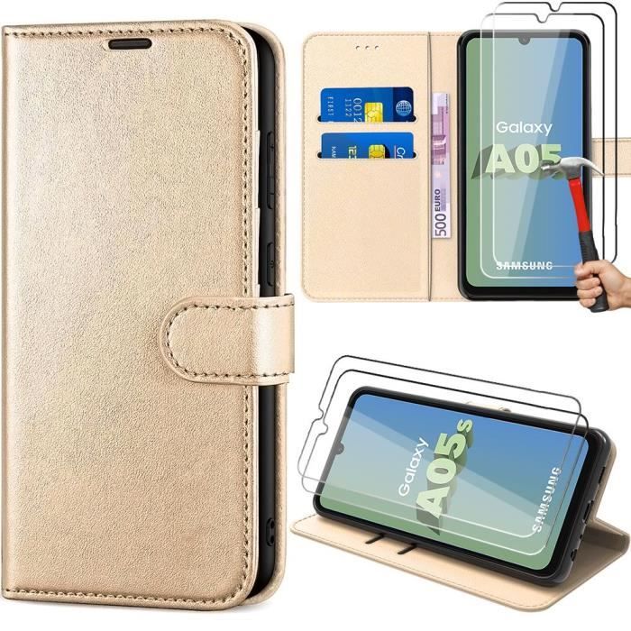 Coque + 2 verres trempés pour samsung galaxy a05s, protection antichoc en cuir pu doré (pas pour a05)