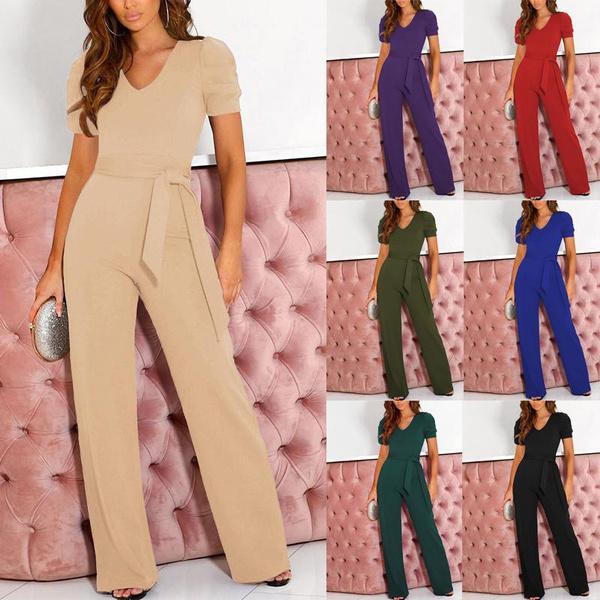 Damen Jumpsuit mit kurzen Ärmeln, V-Ausschnitt, hoher Taille, einfarbig, lässig, weites Bein, mit Gürtel