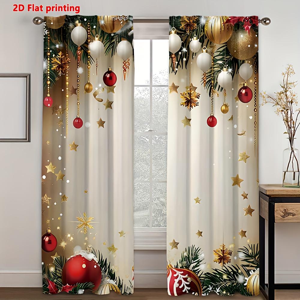 Set Of 2 Christmas Ball Star Curtains Golden Red Pine Leaf Print Semi Living Room Kitchen Bedroom Decor Curtain With Rod Pocket Sheer Polyester