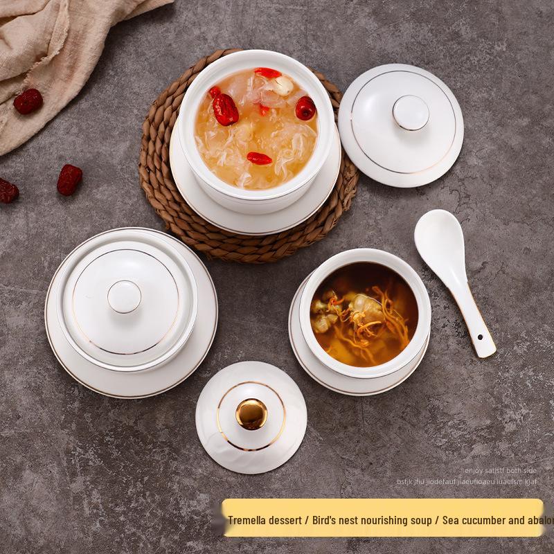 Keramik-Schmortopf mit Deckel, goldrandig, für den gewerblichen Gebrauch: Ideal für Vogelnestersuppe, gedämpfte Desserts und Eier.