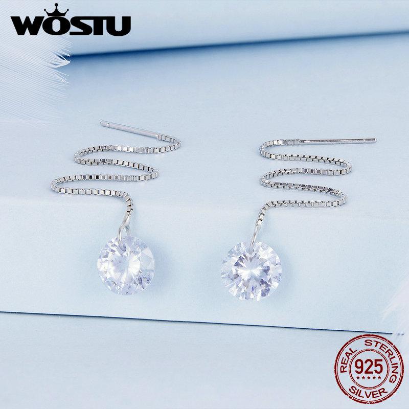 WOSTU 925 Sterling Silver Pink Blue Clear CZ Long Tassel Link Earrings Drop Dangle Ear Stud Earring for Women Wedding Party Gift