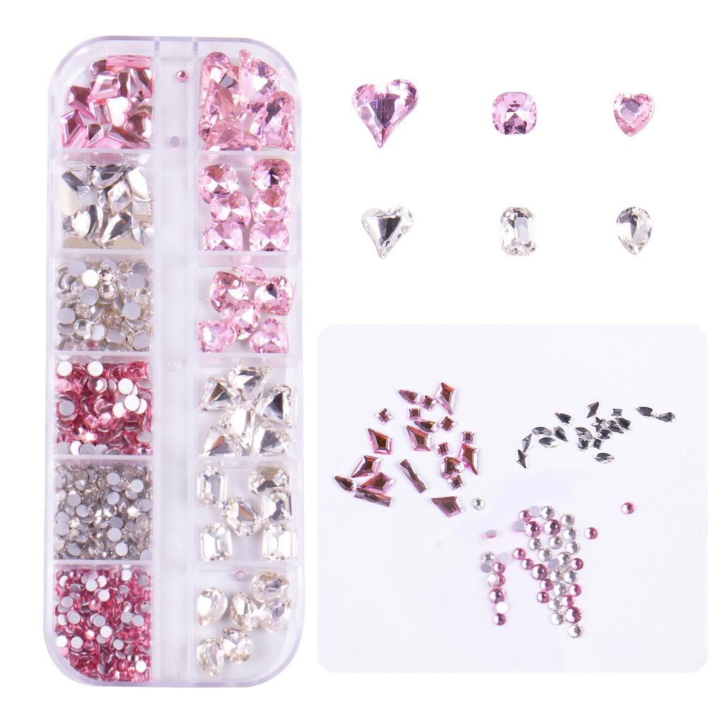 Nailart-Schmuck 12-Gitter-Box Nagelkunst Diamant Gemischtes Set Flacher Boden Speziell geformter Diamant Punktboden Diamant Kombinationsset