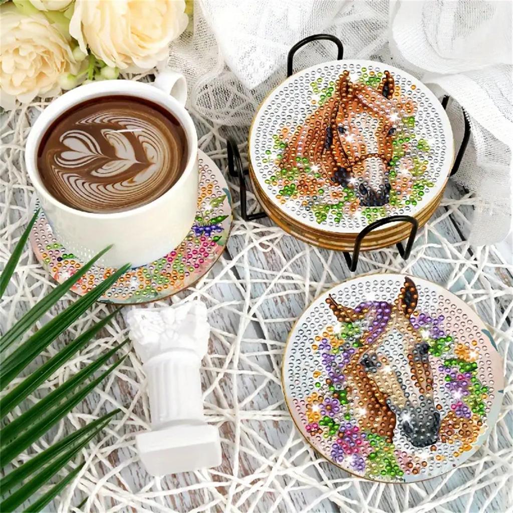 8 Pieces/set of Diamond Painted Horse Patterned Coasters, DIY Coasters with Holder, Suitable for Beginners and Adults, Art and Craft Supplies Gifts