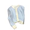 Color Matching Plaid Knitted Cardigan Women's Autumn and Winter Gentle Top Lazy Outside with Short Sweater Jacket Tide