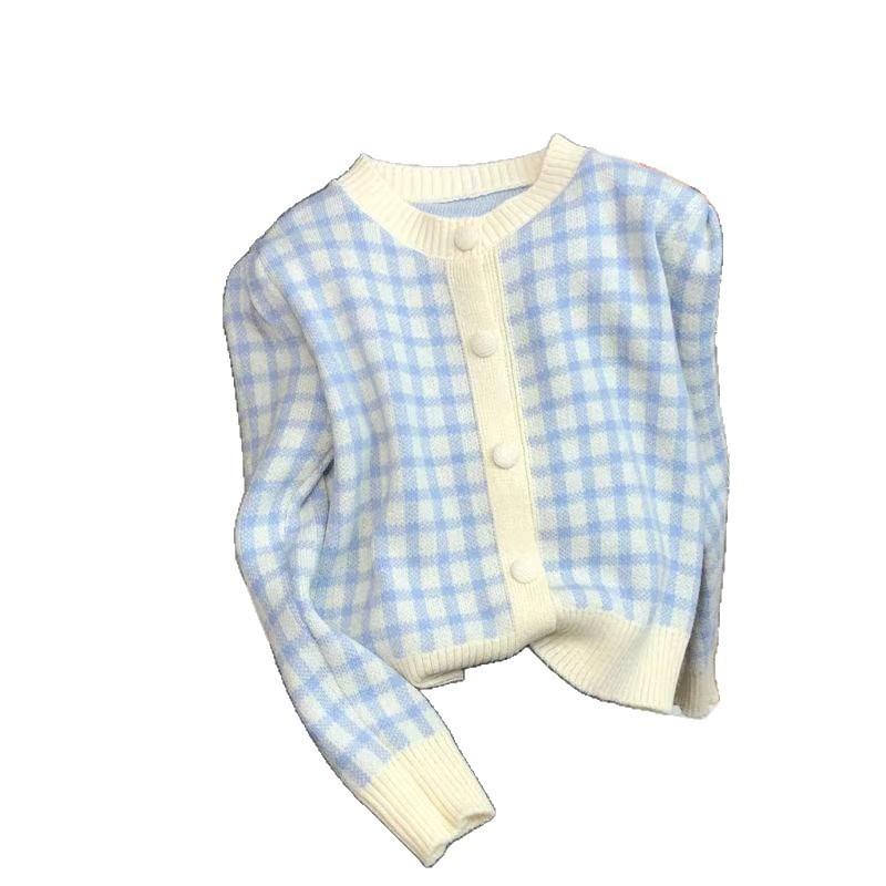 Color Matching Plaid Knitted Cardigan Women's Autumn and Winter Gentle Top Lazy Outside with Short Sweater Jacket Tide