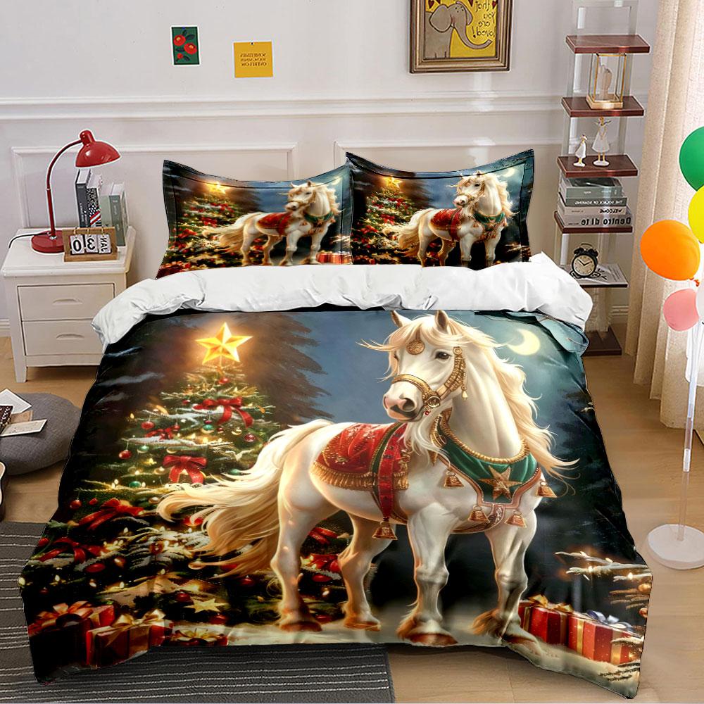 Christmas Horse with Tree Scene Bedding Duvet Cover Set (1*Duvet Cover 2*Pillowcases, Without Duvet Insert)