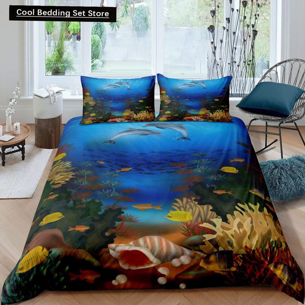Kid Underwater World Oasis King Queen Duvet Cover Ocean Fish Coral Bedding Set Marine Life Quilt Cover Polyester Comforter Cover
