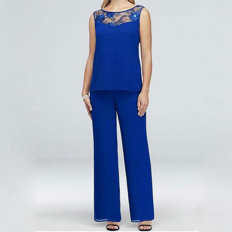 Übergröße Damen Chiffon Freizeit Set Elegante Spitze-Besetzte Schmale Gerade Hosen Dreiteiliges Set