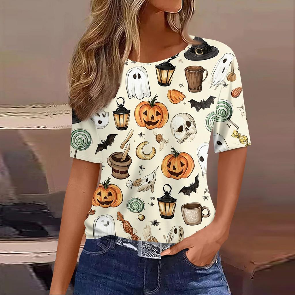 Women's Casual Short Sleeve Halloween Pullover Top with Bat and Pumpkin Print Round Neck Relaxed Fit Shirt for Fall Season