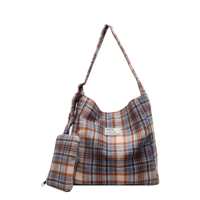 Lässige Canvas-Große Tasche Damenmode Breitband-Umhängetasche Herbst und Winter Vielseitige Unterarm-Plaid-Einkaufstasche
