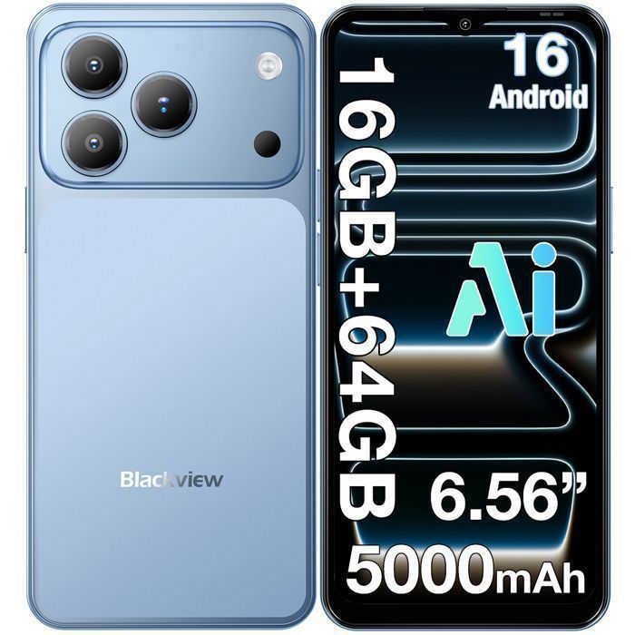 Refurbished - BLACKVIEW WAVE 7C Smartphone 6.56" 16Go(4+12) + 64 Go/jusqu'à 2To 5000mAh Android 16 32MP Téléphone Portable 4G Double Sim GPS Bleu