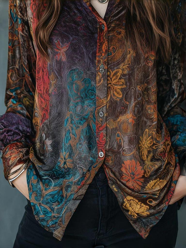 Camisa de Manga Larga con Botones y Estampado Floral Estilo Boho Retro para Mujer