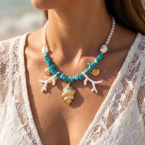Boho Baroque Imitation Pearl Necklace For Women Starfish Conch Coin Pendant Charm Choker Beach Party Vacation Jewelry Gift