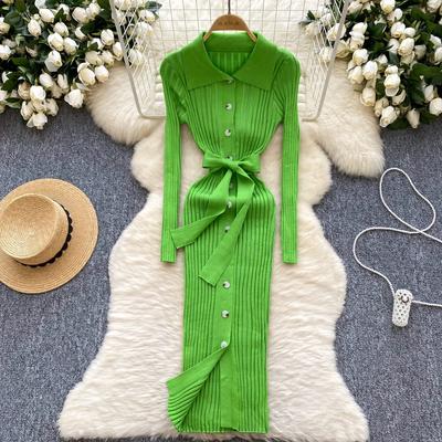 Vintage Límec Elegantní Dlouhý Rukáv Jednobarevný Bandážový Pletený Šaty Štíhlý Korejská Móda Dámské Podzimní Zimní Oblečení