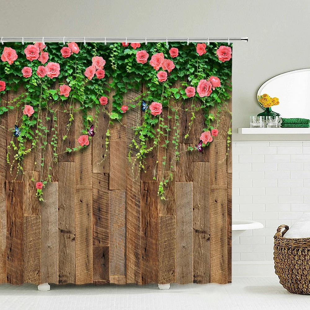 3D Wodoodporna Tkanina Poliestrowa Zasłona Prysznicowa Patio Ściana Kwiatowa Krajobraz Zasłony Łazienkowe z Haczykami Dekor Wanny Ekran