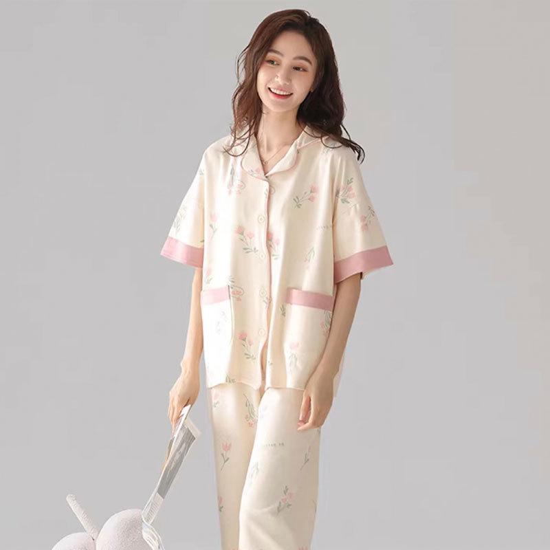 Pajamas Female Cute Sweet Pink Flower Summer Cardigan Short Sleeve Trousers Fashion Versatile Loungewear