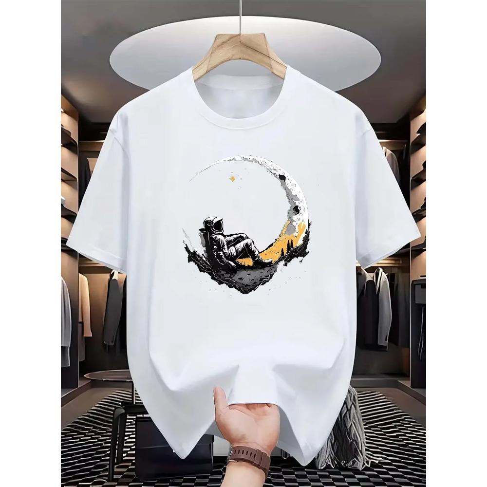 Summer Men's 100% Pure  Casual Loose Fit Astronaut Login Moon Pattern Printed Comfortable Round Neck Short Sleeved T-shirt