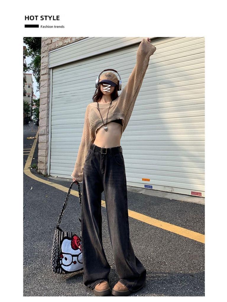 Women's High Waist Wide Leg Jeans - Black & Grey, Spring/Autumn, Plus Size, Floor Length, Straight Leg, Slimming.