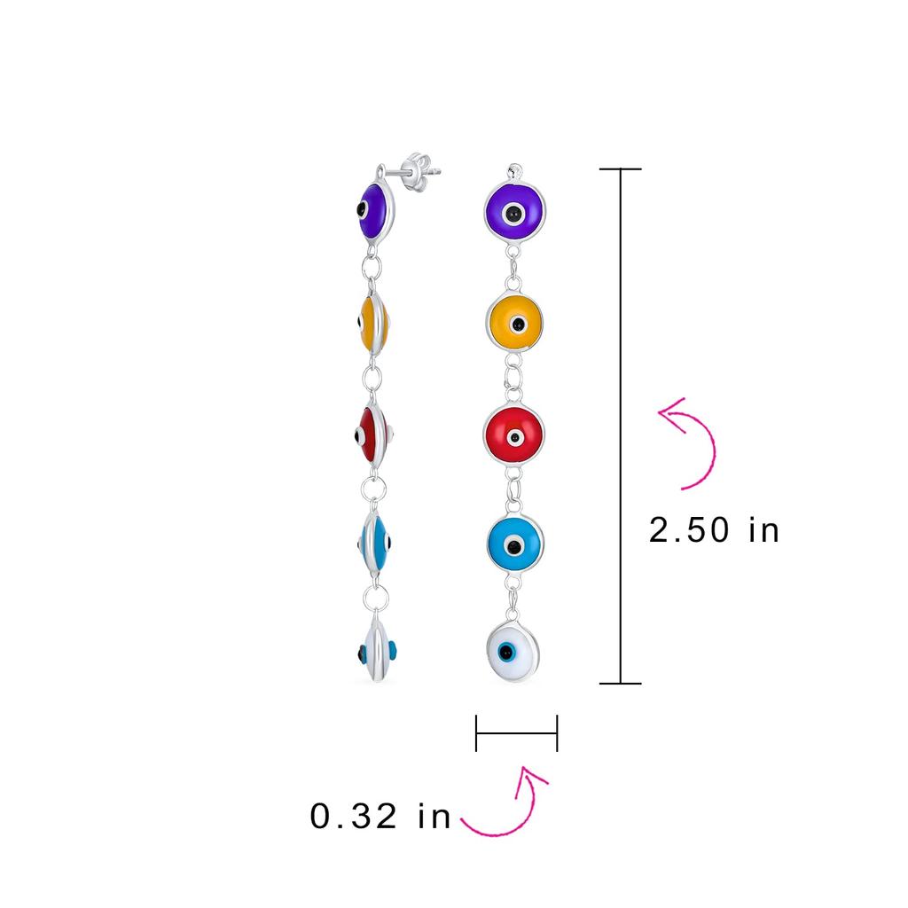 Protection Long Straight Evil Eye Dangle Drop Glass Sterling Silver Made in Turkey for Women and "Spiritual 2.5" Multi-Colored Earrings. .925 Teens."