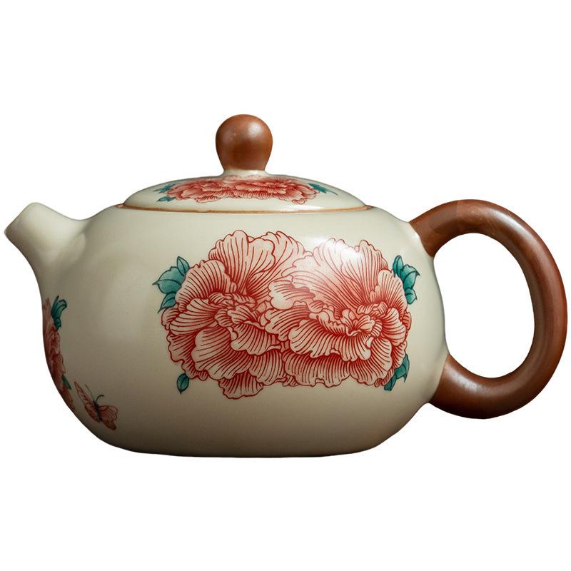 Peony Flower Xishi Handle Ceramic Teapot – Retro Anti-Scald Kung Fu Tea Set
