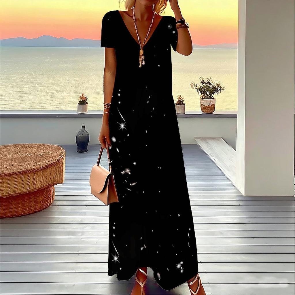 Women Plus Size Short Sleeve V Neck Maxi Dress Black To Cyan Gradient Color Print Loose Summer Vacation Long Dress