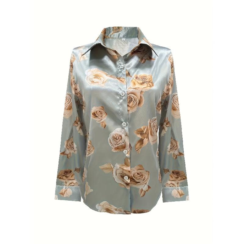 New European And American Women'S Fashion Floral Print Slim-Fit Long-Sleeve Shirt