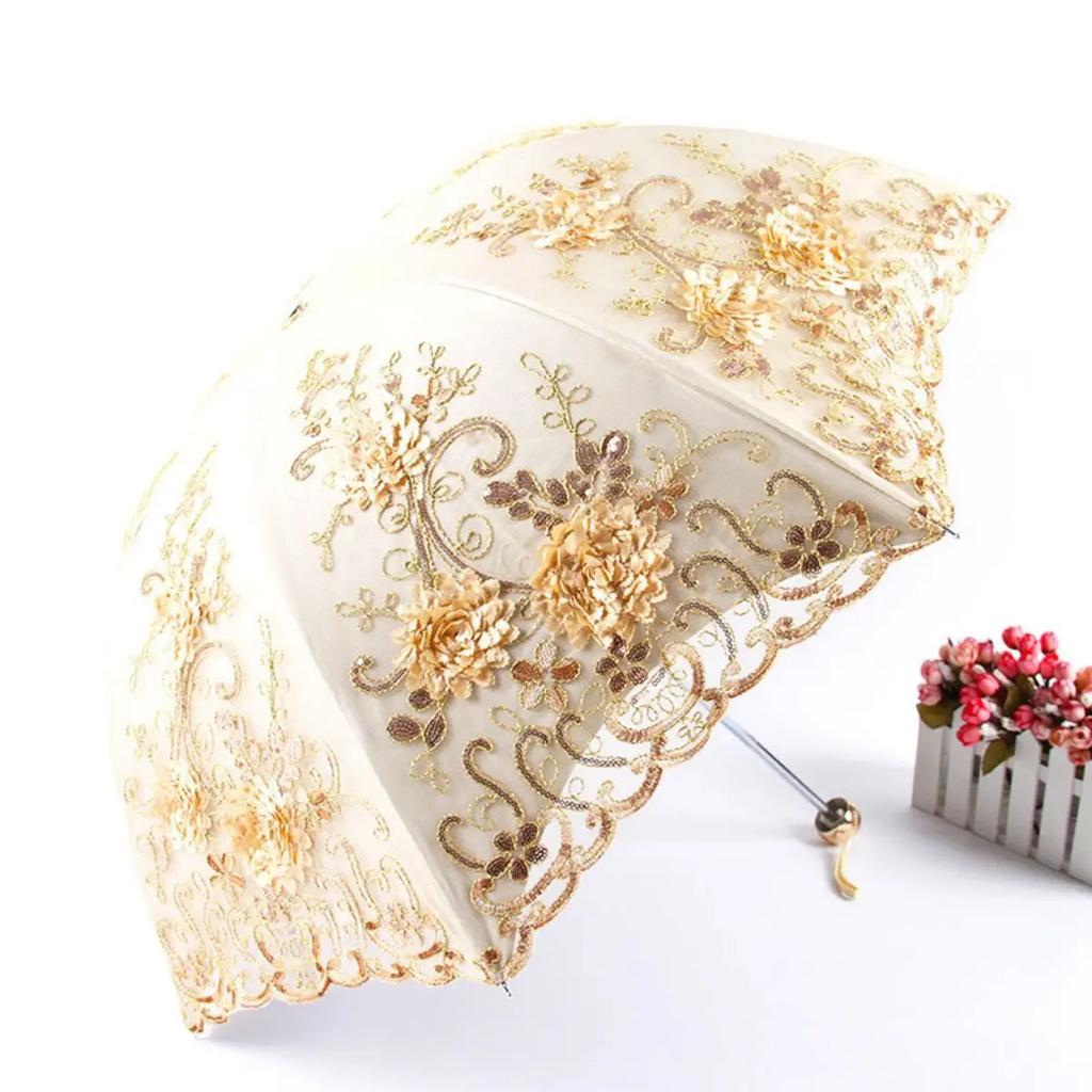 Folded Retro Embroidered Lace Double Layer Vinyl Three-fold Umbrella Wedding Umbrella