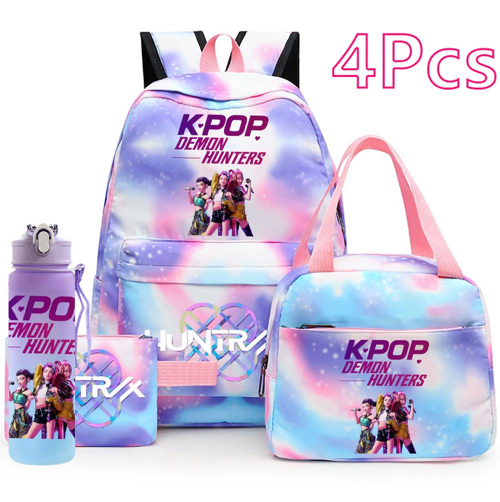 4Pcs/set Anime K-Pop Printed Backpack Handbag Pencil Case with 750Ml Water Bottler for Teenager Boy Girl Schoolbag Large Capacity Bookbag Mochila