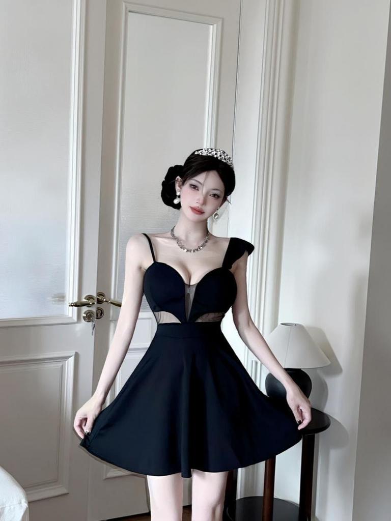 Sexy Low-Cut Spaghetti Strap Dress with Waist Cutout and Flared Mini Skirt - Nightclub Style