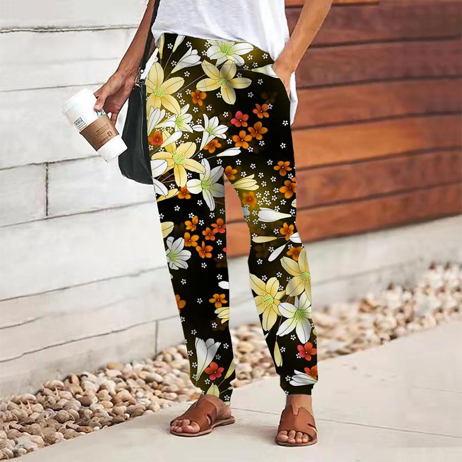 

Женские брюки с цветочным принтом на шнуровке, с эластичной талией, свободные брюки, повседневные длинные брюки, брюки с карманами 8XL жёлтый