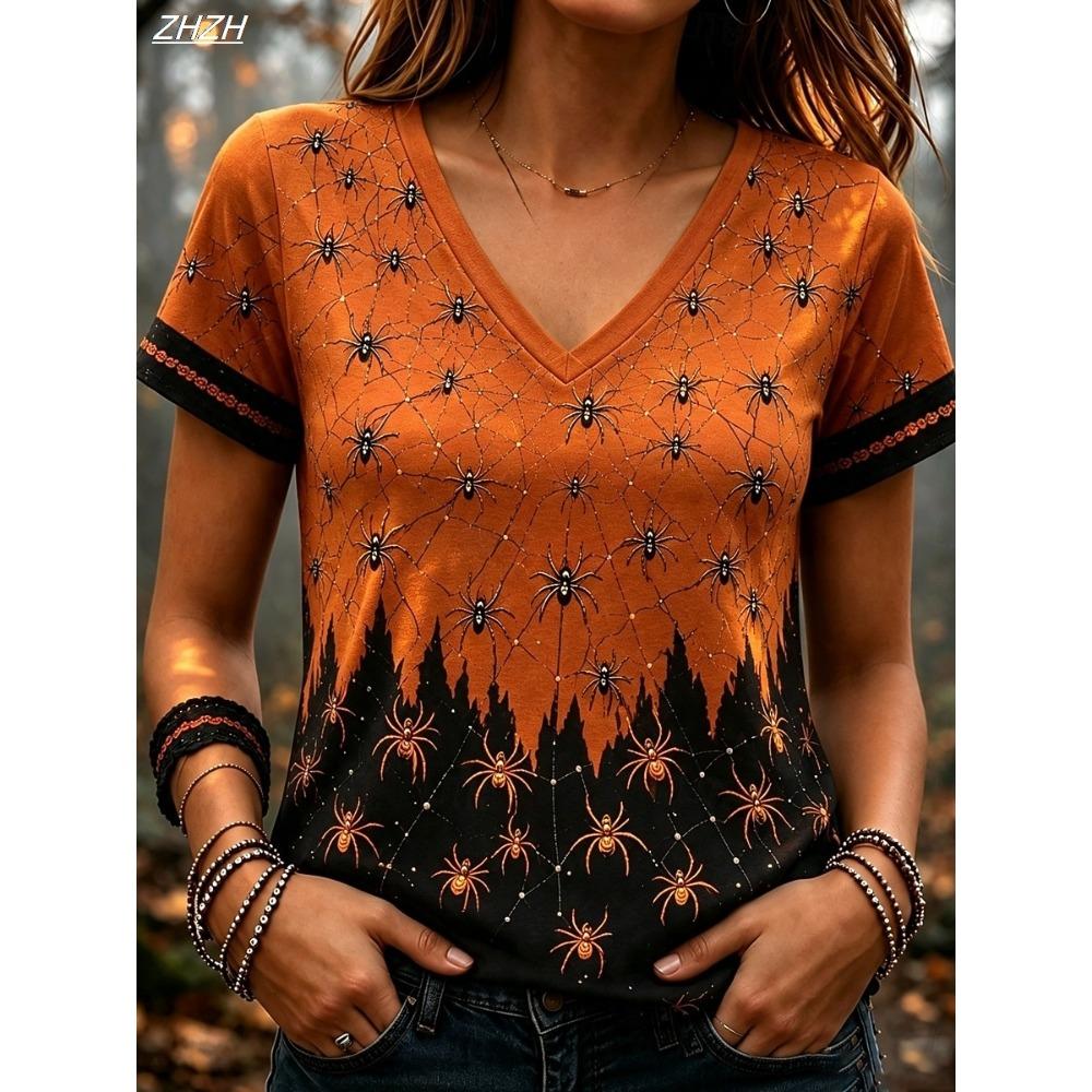 T-shirt Women's Summer Leisure Elegant Simple V-neck Short Sleeve Red Plaid