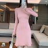 Herbst und Winter Slim Fit Einfarbig Gestricktes Damenkleid Langarm A-Linie Gerüschte Pulloverkleider Damen Lässig Hohe Taille Elegant Kurzes Kleid 25958