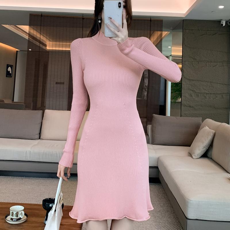 Herbst und Winter Slim Fit Einfarbig Gestricktes Damenkleid Langarm A-Linie Gerüschte Pulloverkleider Damen Lässig Hohe Taille Elegant Kurzes Kleid 25958