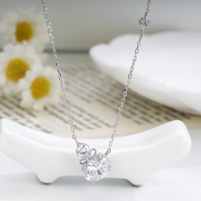 S925 Sterling Silver Zircon Bow Gourd Necklace for Women - Elegant, Versatile Clavicle Chain Pendant S925 Silver