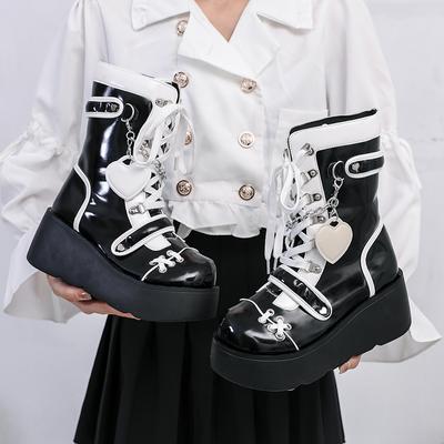 Boots Woman Lolita Shoes Winter  Platform Heels Women's Mid Calf Booties Gothic Pink Cute Chain JK Cosplay Japanese Style