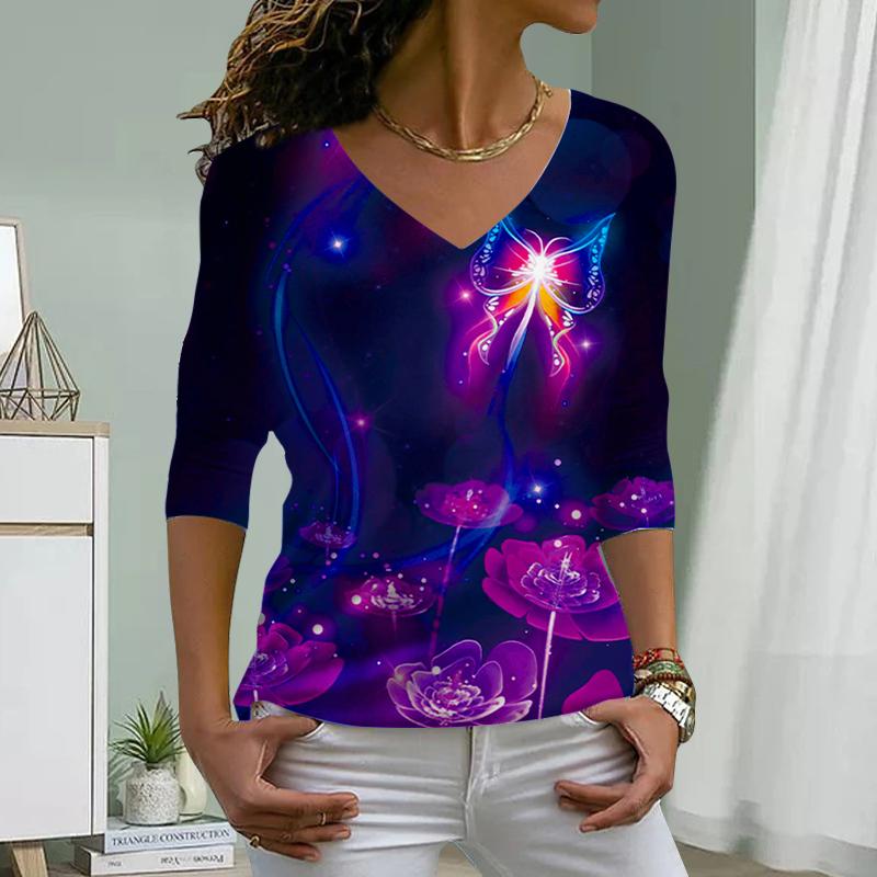 Colorful Glowing Butterfly Print Women Tshirts Ladies Tops Long Sleeve V-neck Pullover Femme T-shirts T Shirt For Women