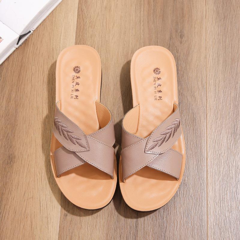 Echtes Leder Damen Sommer Rutschfeste Flache Sandalen für Draußen