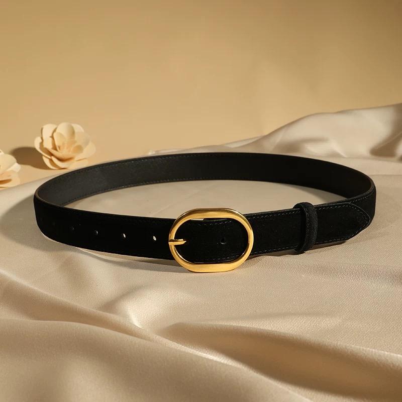 Fashion Women Skinny Belts Vintage Suede Cowhide Belt Gold Buckle Genuine Leather Belts Ladies Dress Coat Decoration Waistband
