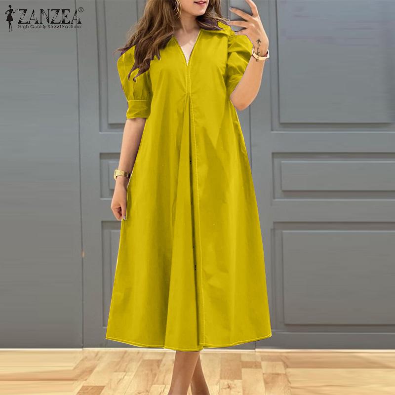 ZANZEA Women Casual V-neck Solid Color Loose Short Sleeve Dress