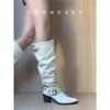 Sheepskin Version~ Retro Korean Version Thin Pile Thick Heel Boots Women's Summer New Belt Buckle Temperament Versatile Knight Boots