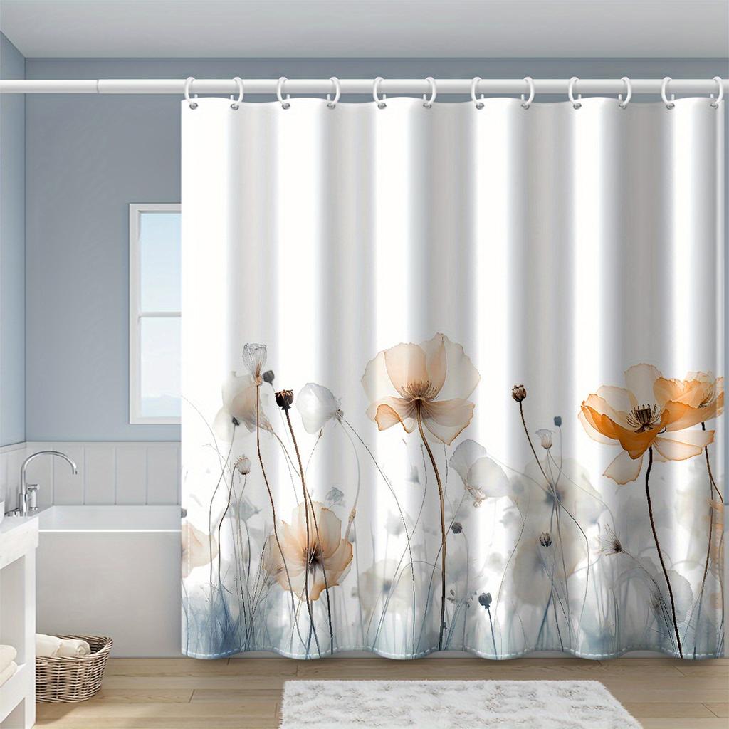 1pc Ink Floral Print Shower Curtain with Hooks, Polyester Fabric, Window and Wall, Bathtub, Bathroom Home Decor Shower Curtain