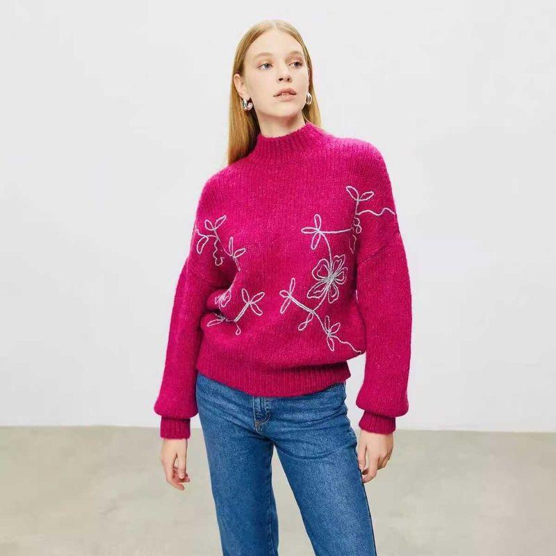 

Fashion Russia Autumn and Winter Knitting Embroidered Mock Neck Sweater Knitted Embroidered Sweater Dark pink All yards