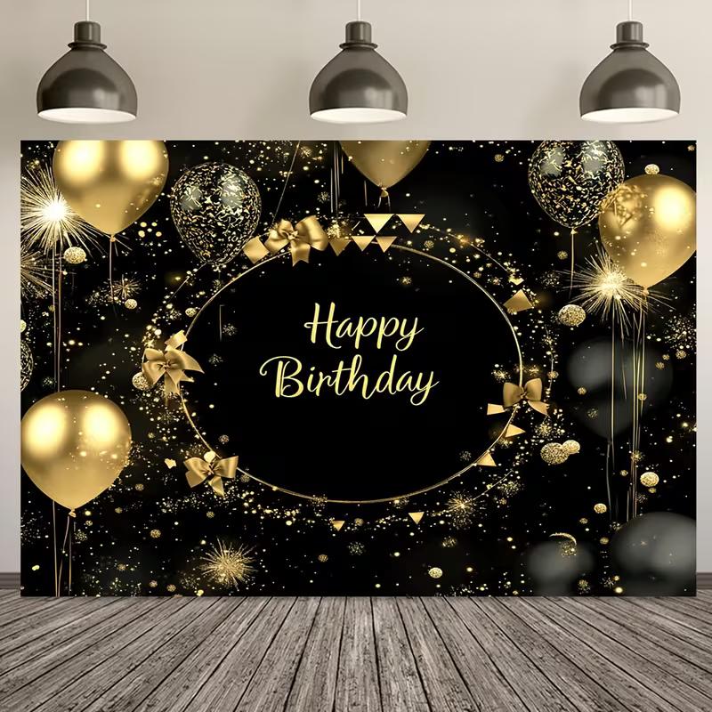 2D Glitter Balloon Birthday Backdrop, Black Gold Themed Party & Photoshoot Banner
