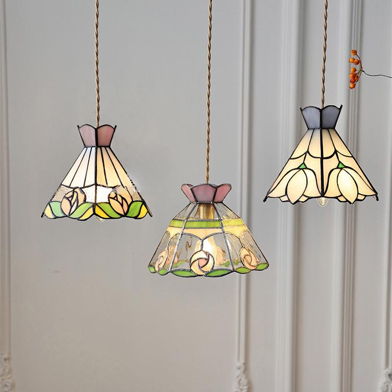 Europe France Sytle LED Pendant Light Fixture Tiffany Color Copper Glass Lampshade Vintage Edison Bulb Hanging Lamp Home Indoor