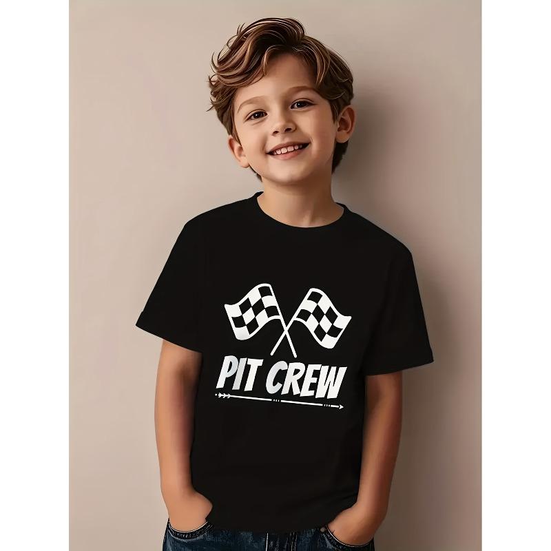 Boys Crew Neck Short Sleeve T-Shirt with Checkered Flag & PIT CREW Letter Print 110