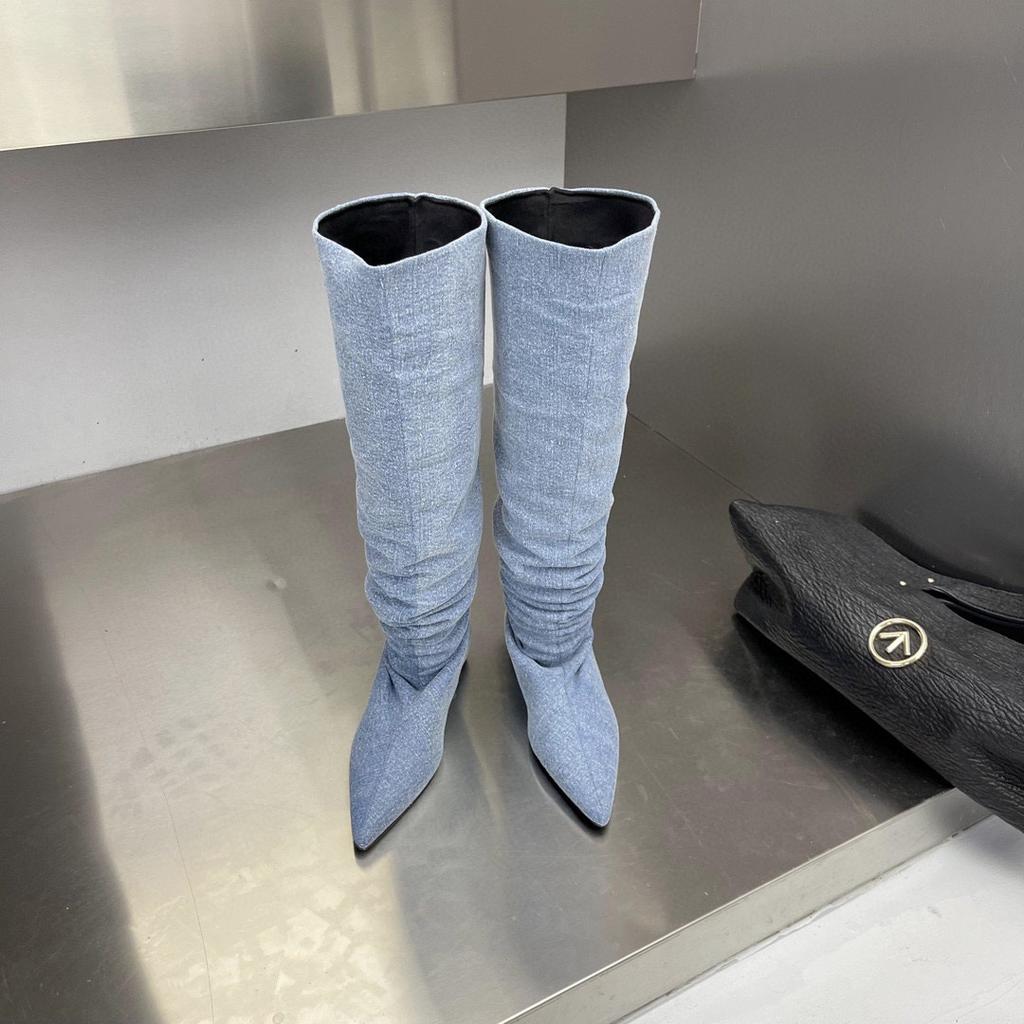 2025 autumn and winter new European and American style knee piling boots flat bottom inner height-increasing denim boots