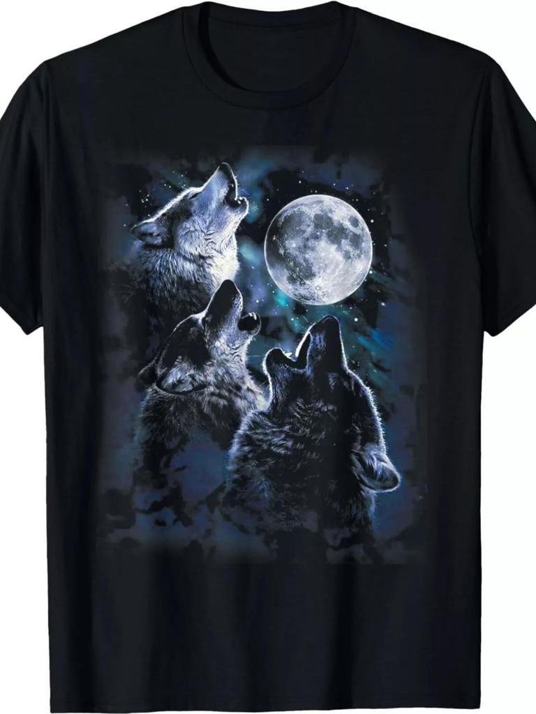 Men'S T-Shirt Designed for Wildlife Lovers, Showcasing a Wolf Howling at The Moon. Casual Wear from a Fashion Boutique with a Patterned Print, Plus Si