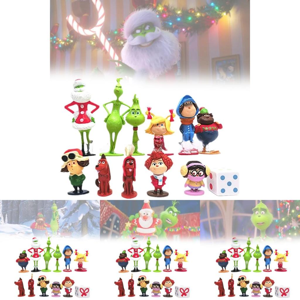 12 Entzückende Grinch-Figuren Weihnachten Thema Grüne Fellcharaktere Sammlerdeko