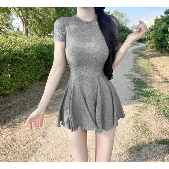 Korean Minimalist Solid Color Short Dress, Round Neck, Slim Fit, Petite Size, Summer Style